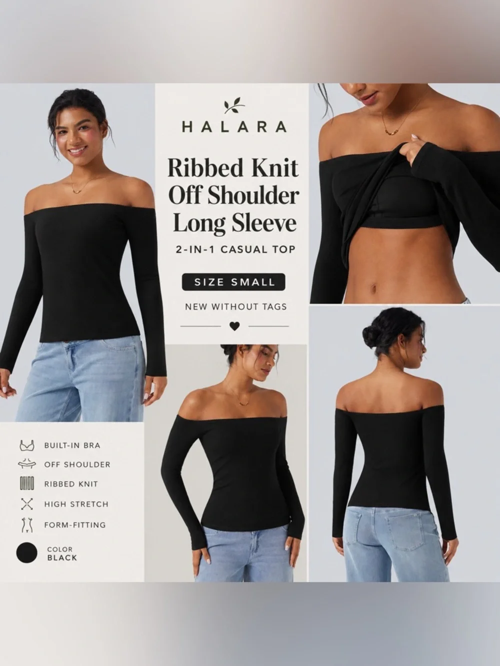 Halara Ribbed Knit Off Shoulder Long Sleeve 2-in-1 Casual Top Black Small
